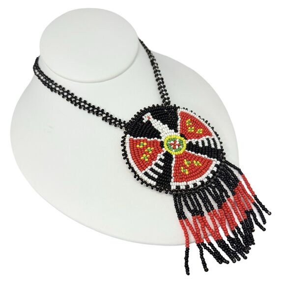 VTG Black Thunderbird Native American Medallion Necklace Seed Bead Leather Back - Picture 4 of 10